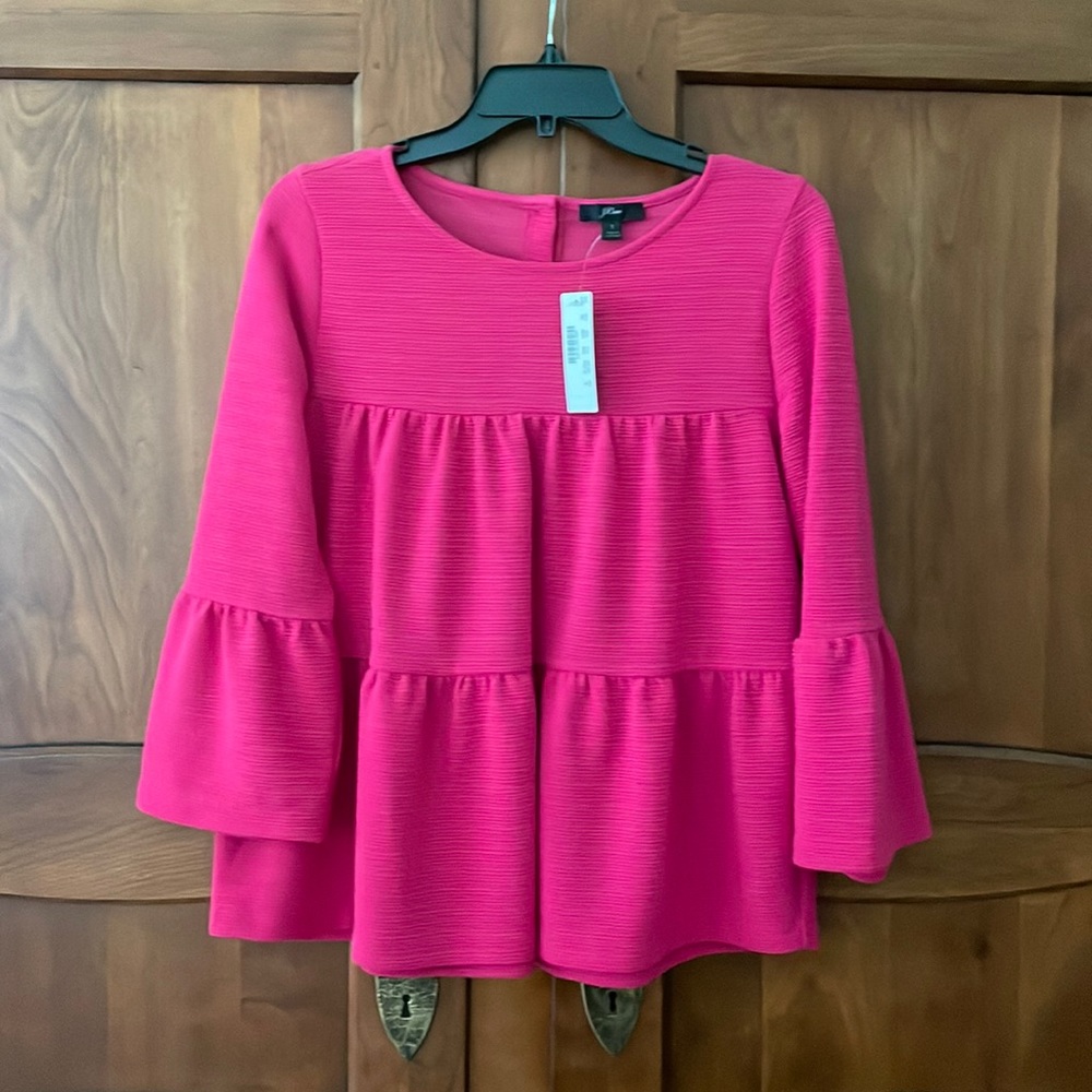NWT J. Crew Button-back Tiered Bell Sleeve top in Bright Berry